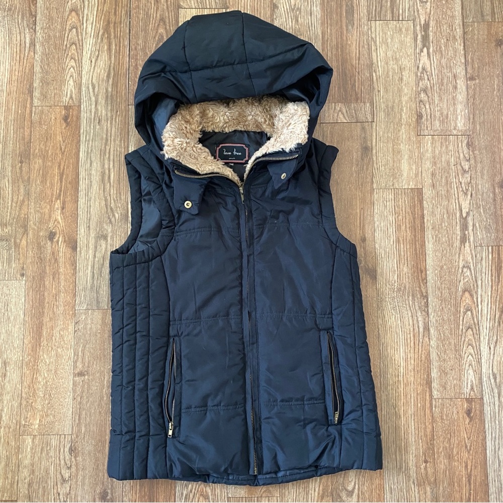 Love Tree Puffer Vest Faux Fur Hooded Quilted Black Brown Zip Pockets Small